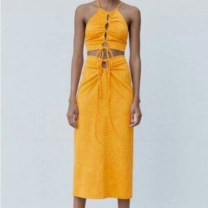 ZARA Abstract Printed Cutout Tie Waist Midi Skirt And Crop Top Set